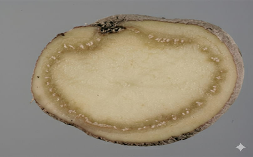 Characteristic Vascular Browning and Bacterial Ooze in Infected Potato Tubers