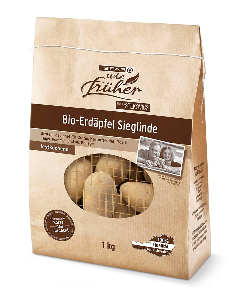 SPAR ‘wie früher’ Bio-Erdäpfel Sieglinde – 1 kg pack of Austria’s revived classic organic potato, grown with care by Erich Stekovics. SPAR ‘wie früher’ Bio-Erdäpfel Sieglinde – 1 kg pack of Austria’s revived classic organic potato, grown with care by Erich Stekovics.