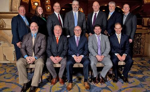 Potatoes USA 2020-21 Executive Committee. Shown back row from left to right: Ed Staunton; Heidi Randall; Steve Streich; Chris Hansen; Steve Elfering; Jeff Jennings; and Blair Richardson. Front row: Mike Carter; Phil Hickman; Marty Myers; Jaren Raybould; a Potatoes USA 2020-21 Executive Committee. Shown back row from left to right: Ed Staunton; Heidi Randall; Steve Streich; Chris Hansen; Steve Elfering; Jeff Jennings; and Blair Richardson. Front row: Mike Carter; Phil Hickman; Marty Myers; Jaren Raybould; a