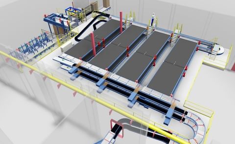 3D layout of the Scott Automation installation showing the buffer area where it accumulates the cases before palletisation. 3D layout of the Scott Automation installation showing the buffer area where it accumulates the cases before palletisation.