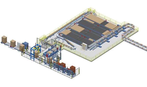 The 3D layout of the installation, showing the buffer area where it accumulates the cases before palletization.