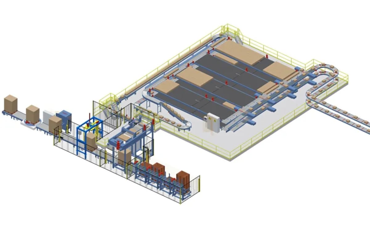 The 3D layout of the installation, showing the buffer area where it accumulates the cases before palletization. The 3D layout of the installation, showing the buffer area where it accumulates the cases before palletization.