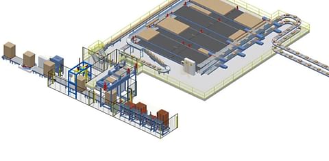 The 3D layout of the installation, showing the buffer area where it accumulates the cases before palletization.