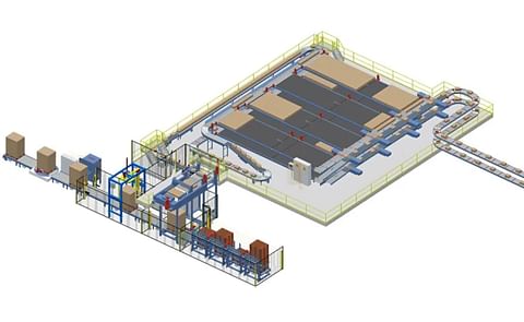 Scott 3D layout of the installation showing the buffer area where it accumulates the cases before palletisation. Scott 3D layout of the installation showing the buffer area where it accumulates the cases before palletisation.