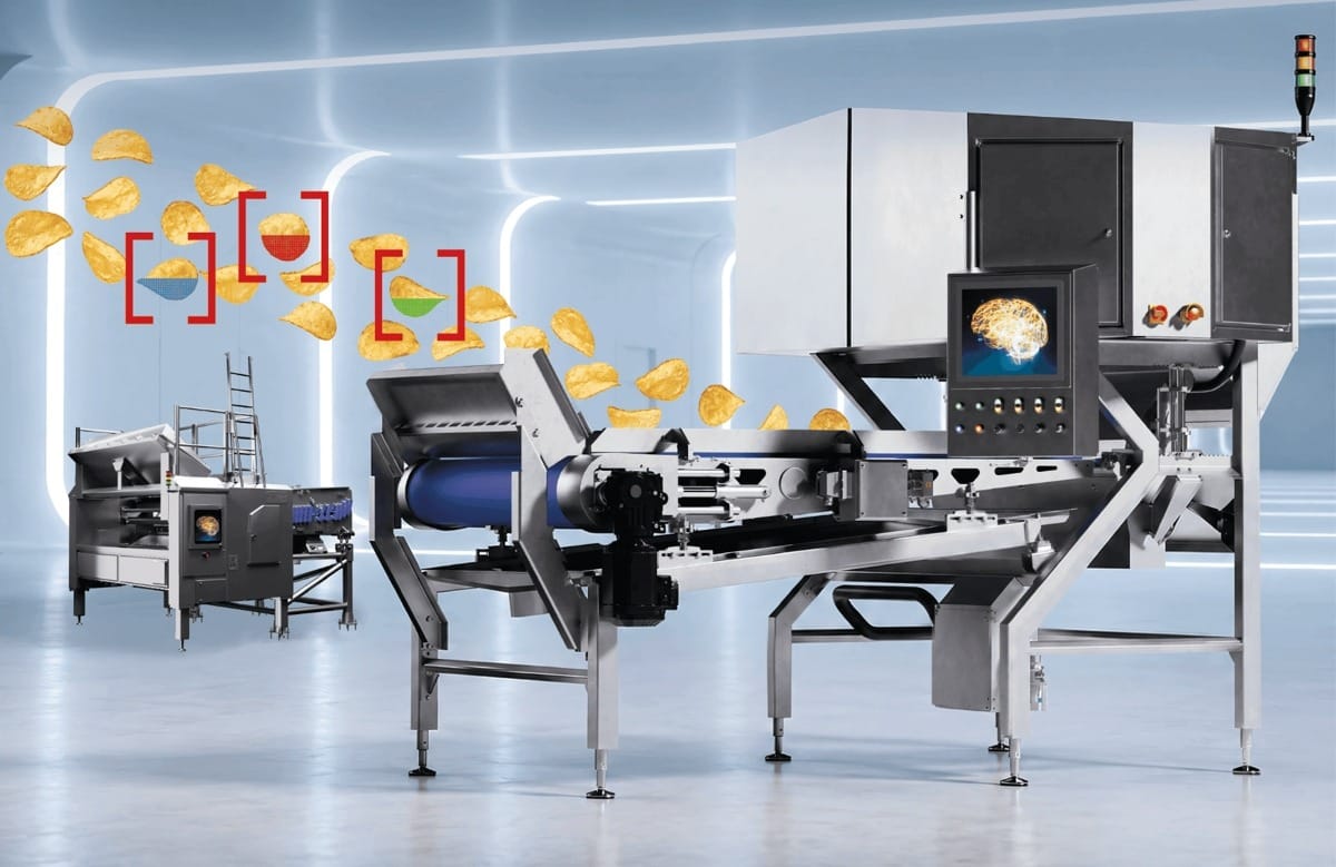 The new Sherlock Belt Compact combines in-flight inspection, 4K RGB imaging and AI-powered deep learning to improve sorting precision for potato chips, snacks and other small food products.