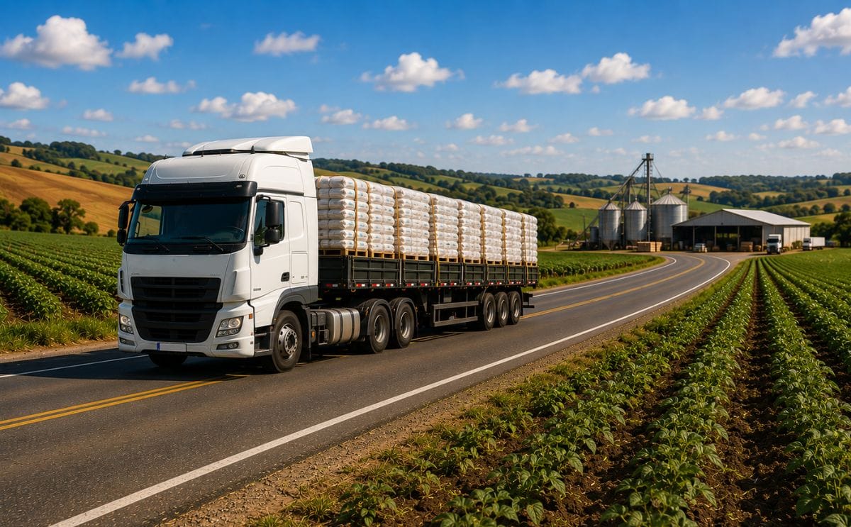 Un camión de carga circula junto a campos agrícolas en Brasil, donde la propuesta MP do Frete podría aumentar los costos logísticos para el sector agroalimentario.