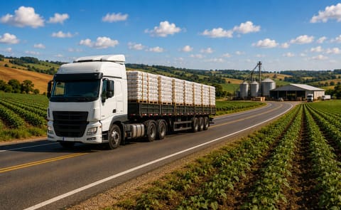 Un camión de carga circula junto a campos agrícolas en Brasil, donde la propuesta MP do Frete podría aumentar los costos logísticos para el sector agroalimentario. Un camión de carga circula junto a campos agrícolas en Brasil, donde la propuesta MP do Frete podría aumentar los costos logísticos para el sector agroalimentario.