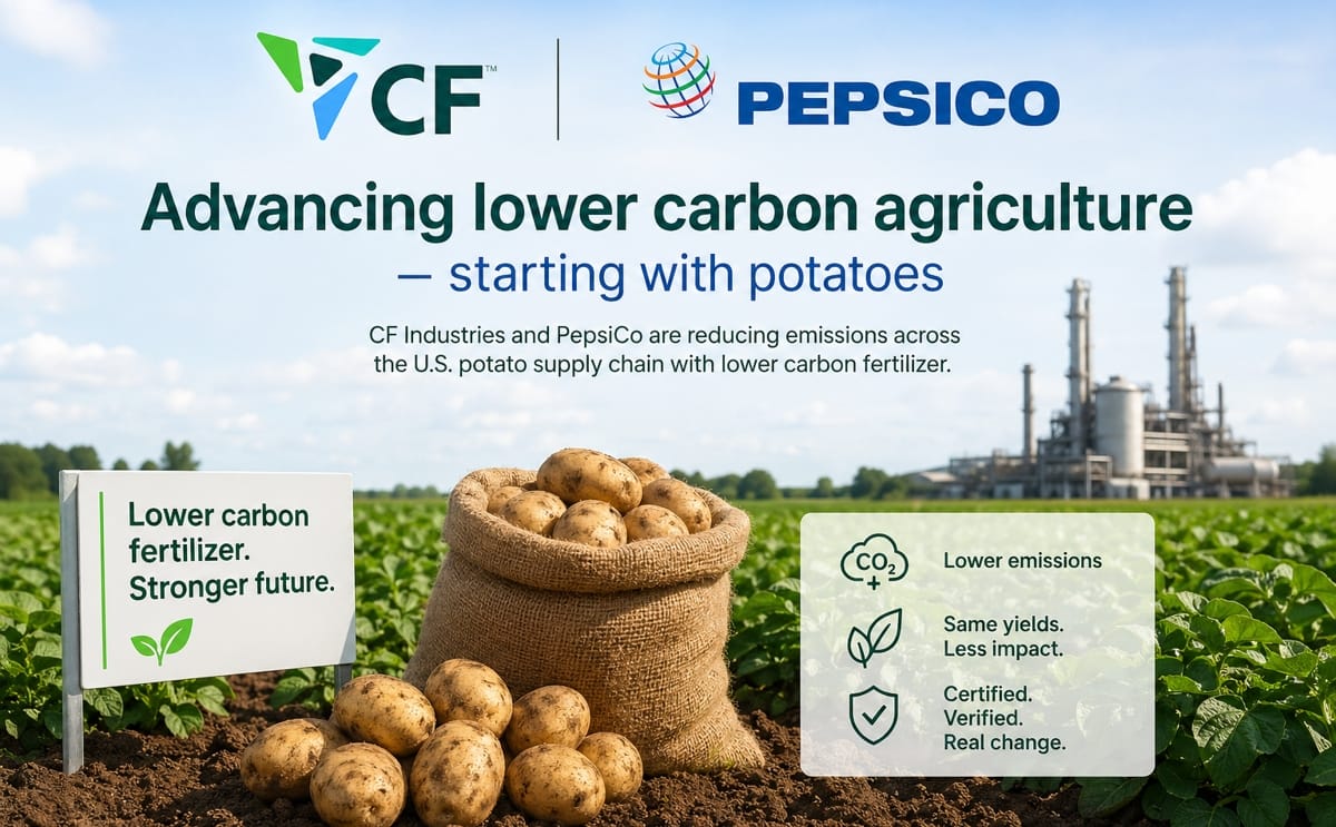 Advancing low-carbon agriculture: CF Industries and PepsiCo partner to reduce emissions in the U.S. potato supply chain using certified lower-carbon fertilizer. Advancing low-carbon agriculture: CF Industries and PepsiCo partner to reduce emissions in the U.S. potato supply chain using certified lower-carbon fertilizer.
