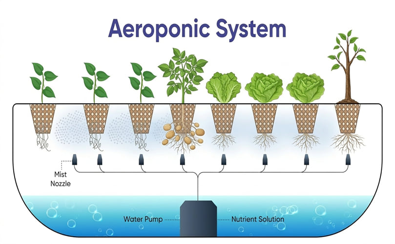 Illustrated aeroponic system with nutrient mist nozzles Illustrated aeroponic system with nutrient mist nozzles