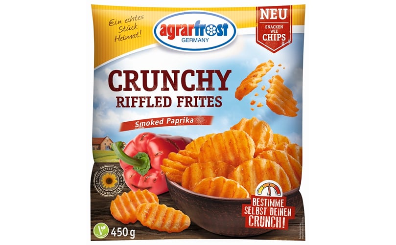 Retail packaging of the Agrarfrost Crunchy Riffled Frites Retail packaging of the Agrarfrost Crunchy Riffled Frites