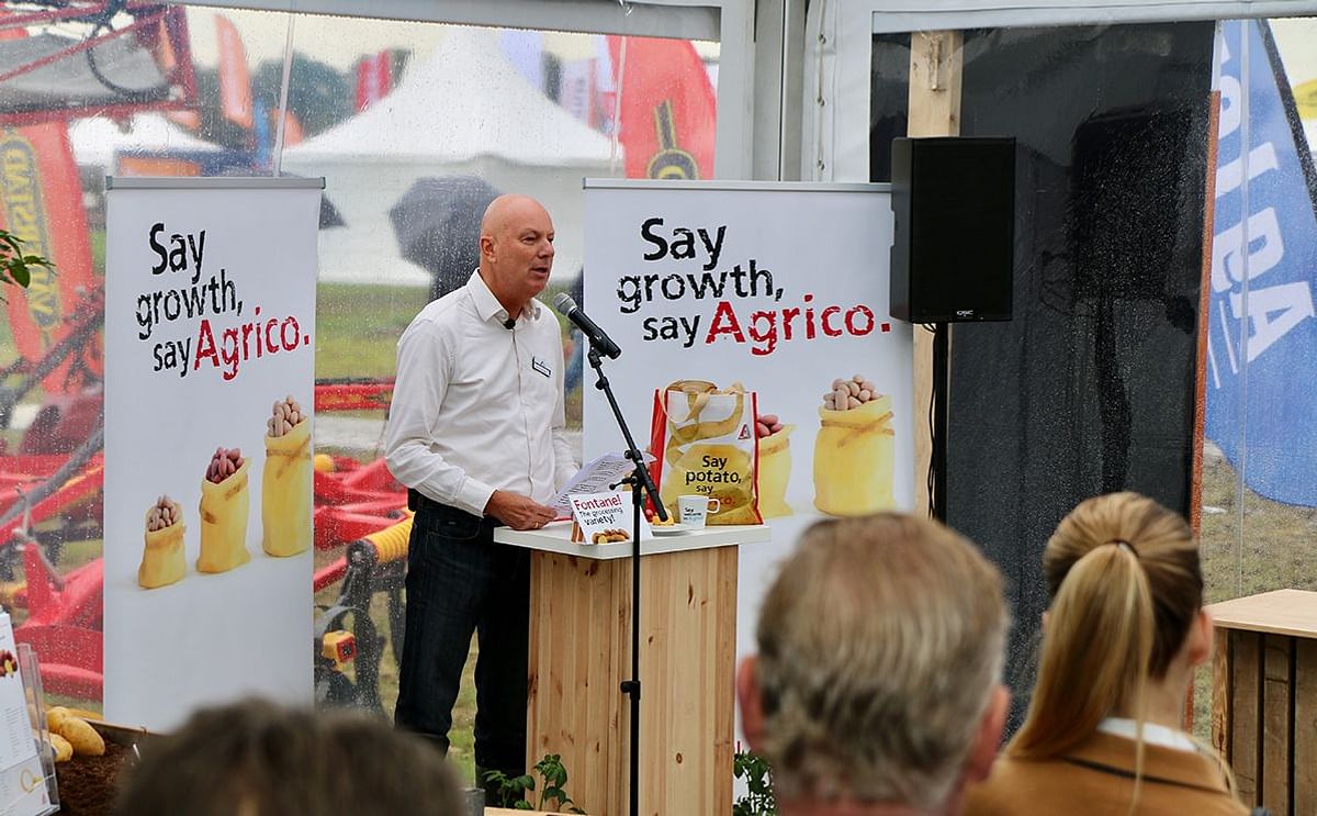 Jan van Hoogen, director Agrico speaking in the Agrico tent on Thursday 14 September, at a rainy Potato Europe in Emmeloord, The Netherlands