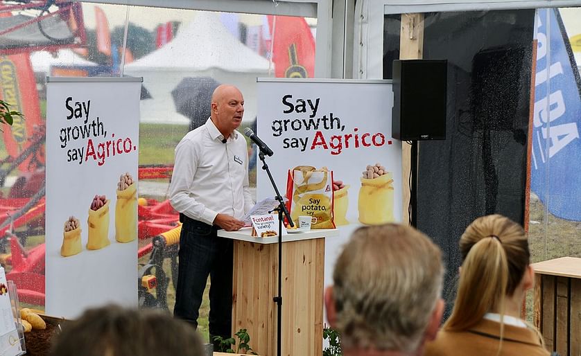 Jan van Hoogen, director Agrico speaking in the Agrico tent on Thursday 14 September, at a rainy Potato Europe in Emmeloord, The Netherlands