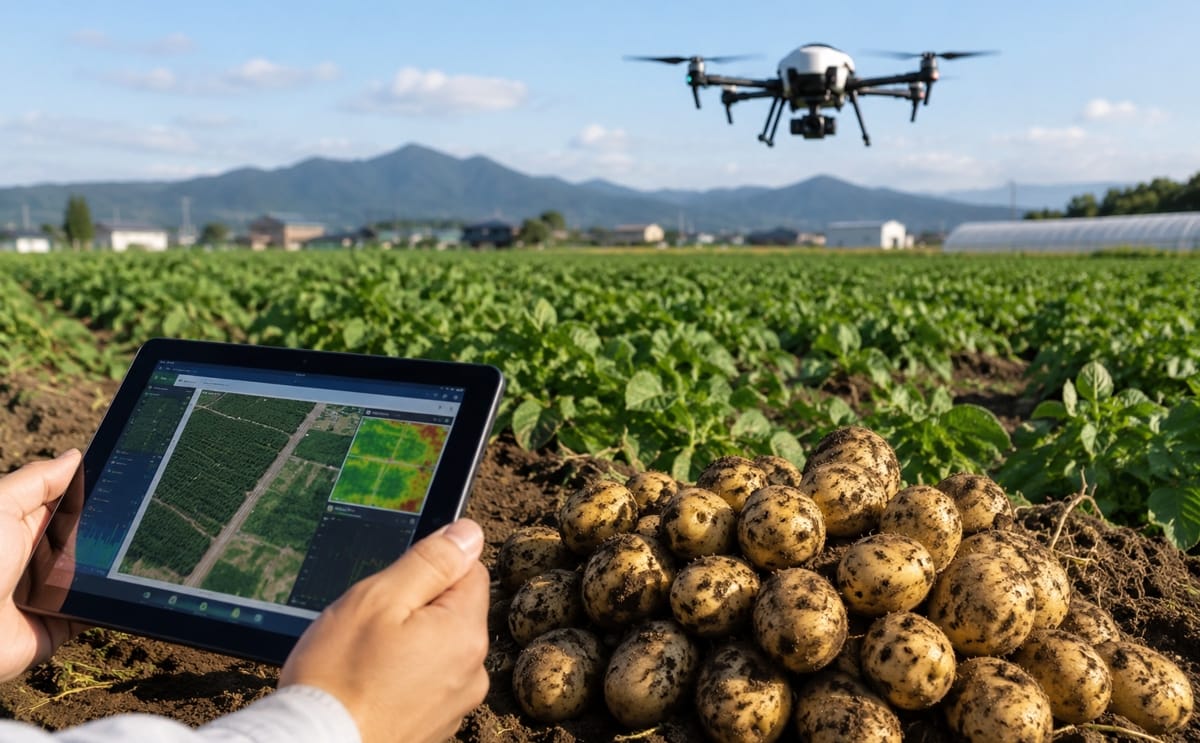 A drone equipped with RGB and multispectral cameras surveys a potato field as AI-powered analytics estimate underground tuber biomass and predict harvest yields before digging, demonstrating the University of Tokyo and Kubota's precision agriculture research.
