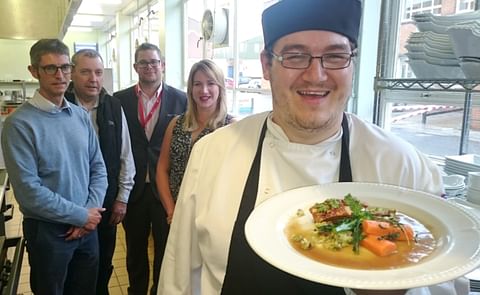 Frazer Coulby (right) - a Harrogate College student - with his winning dish "bubble and squeak with belly pork". His recipe will feature as the main course dish at the BP2015 industry dinner.
In the background, from left to right: Nick White (AHDB Potat Frazer Coulby (right) - a Harrogate College student - with his winning dish "bubble and squeak with belly pork". His recipe will feature as the main course dish at the BP2015 industry dinner.
In the background, from left to right: Nick White (AHDB Potat