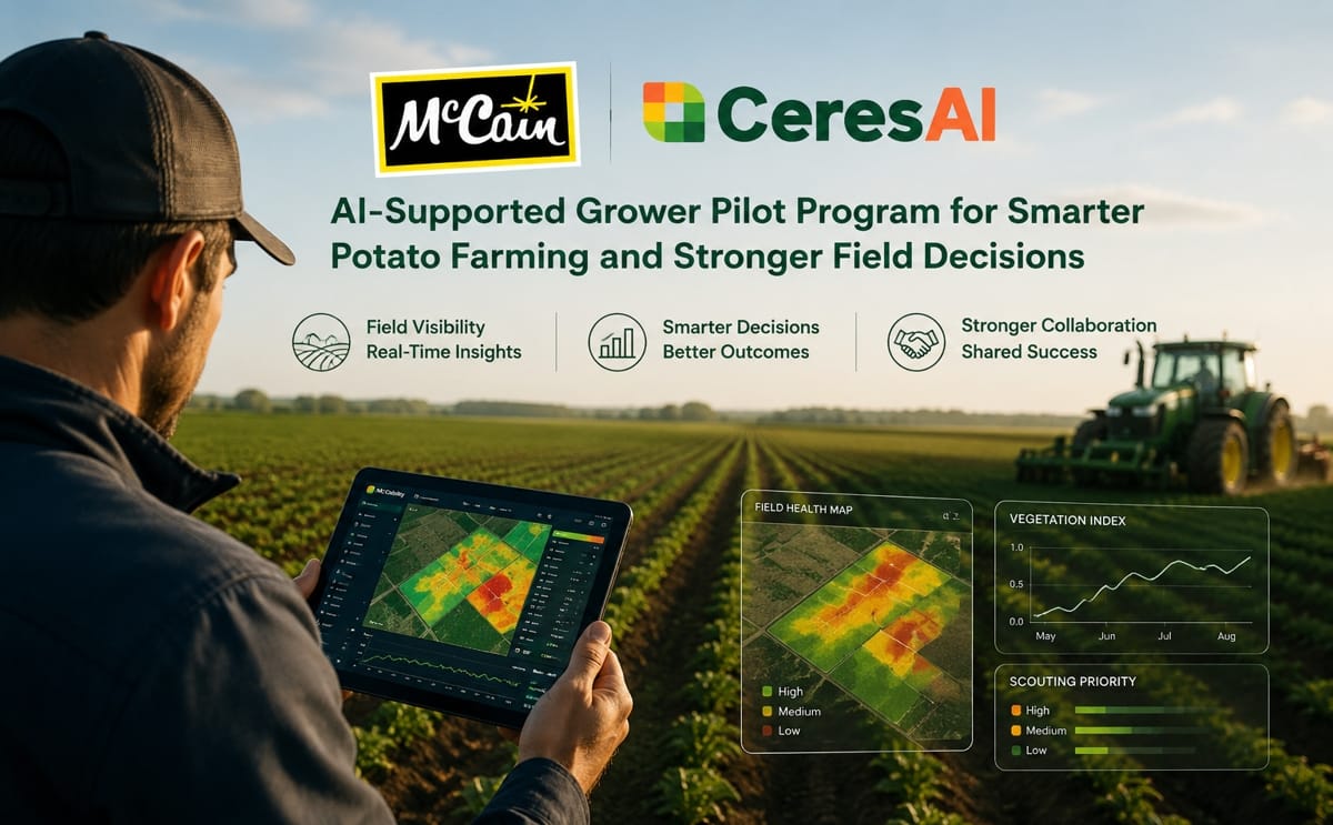McCain Foods launches a pilot program with Ceres AI to enhance potato field monitoring, improve grower collaboration, and support timely in-season crop management decisions.