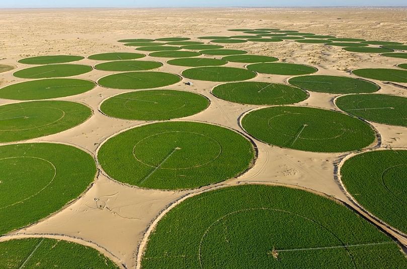 This aerial photo by George Steinmetz submitted at Italian photo festival La Gacilly in 2015 shows how potato cultivation in the region around El Oued has been developed using pivot irrigation.