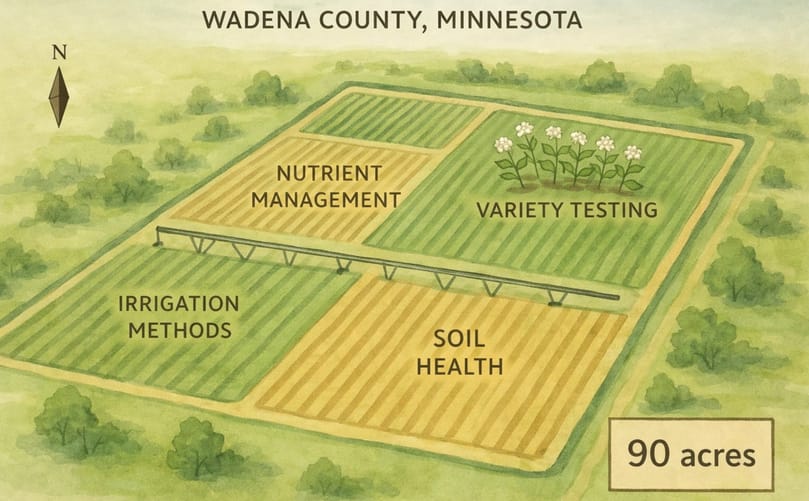 An artist’s rendering shows the planned layout of R.D. Offutt Farms’ 90-acre potato research farm. The research farm will be located in Shell River Township with land preparation beginning in the spring An artist’s rendering shows the planned layout of R.D. Offutt Farms’ 90-acre potato research farm. The research farm will be located in Shell River Township with land preparation beginning in the spring