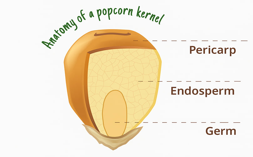 Anatomical diagram of a popcorn kernel showing pericarp, endosperm and germ Anatomical diagram of a popcorn kernel showing pericarp, endosperm and germ