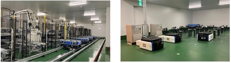 Left Image: Automated Product Transportation Using Robots | Right Image: Raw Materials and Packaging Materials Transported by Automated Guided Vehicles (AGVs) Left Image: Automated Product Transportation Using Robots | Right Image: Raw Materials and Packaging Materials Transported by Automated Guided Vehicles (AGVs)
