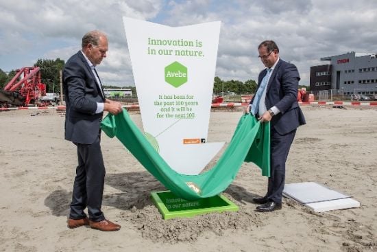 Hans Hoekman, chairman of Avebe’s Supervisory Board (left) and Ed Kraaijenzank, CFO, and vice-chairman of the Avebe’s Board of Directors (right) 'plant' the potato time capsule at the future location of Avebe's Innovation Centre. Hans Hoekman, chairman of Avebe’s Supervisory Board (left) and Ed Kraaijenzank, CFO, and vice-chairman of the Avebe’s Board of Directors (right) 'plant' the potato time capsule at the future location of Avebe's Innovation Centre.