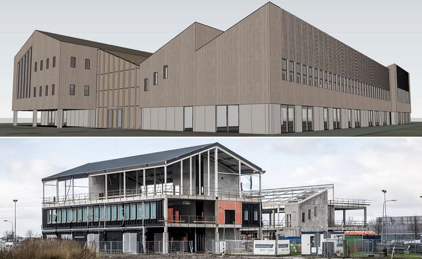 Avebe's Innovation Center as it will look when it is finished (artist impression, above) and how it looked early December when the highest point was reached (below)