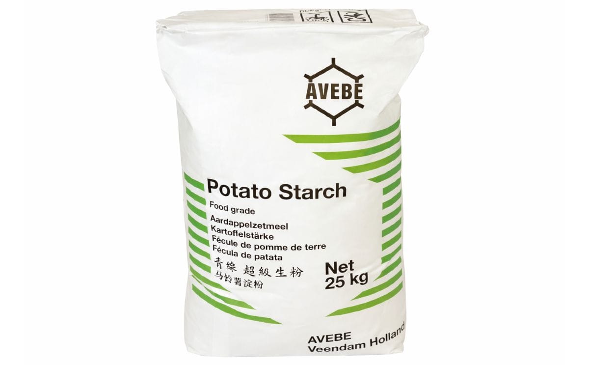 Bag of food grade potato starch produced by Avebe and exported all over the world.