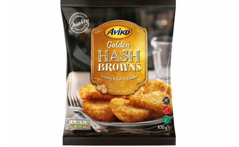 Aviko Golden Hash Browns are available in the United Kingdom in 630g packs (case sizes of 8), retailing at £1.29. Aviko Golden Hash Browns are available in the United Kingdom in 630g packs (case sizes of 8), retailing at £1.29.
