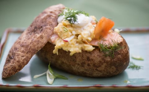 Baked, Breakfast Potatoes with Warm Potato Salad, Soft Scrambled Eggs, Dill and Smoked Salmon (See Recipe) Baked, Breakfast Potatoes with Warm Potato Salad, Soft Scrambled Eggs, Dill and Smoked Salmon (See Recipe)