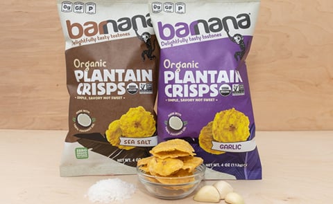 Barnana's new flaky, layered Organic Plantain Crisps are unlike any chip on the market. Savory, not sweet because they are made from green plantains, they come in two flavors: Sea Salt and Garlic. Barnana's new flaky, layered Organic Plantain Crisps are unlike any chip on the market. Savory, not sweet because they are made from green plantains, they come in two flavors: Sea Salt and Garlic.