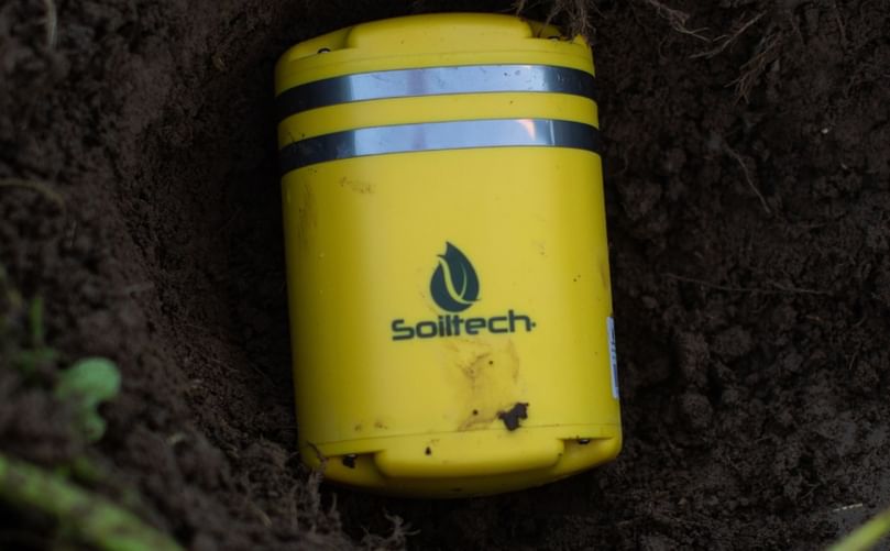Soiltech Beacon placed in the soil hole at root zone depth to track temperature and moisture, giving growers real-time data to optimize harvest timing and protect storage quality.