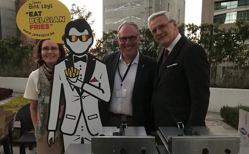 'Selfie with James Bint' From left to Right: Claire Tillekaerts, a representative of Flanders Invetment and Trade (FIT), Romain Cools, secretary general of Belgapom and Kris Peeters, Minister of Economy and Employment 'Selfie with James Bint' From left to Right: Claire Tillekaerts, a representative of Flanders Invetment and Trade (FIT), Romain Cools, secretary general of Belgapom and Kris Peeters, Minister of Economy and Employment