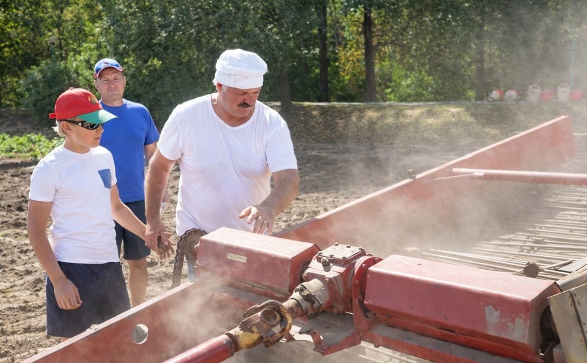 Belarus President Alexander Lukashenko is harvesting potatoes with his son Nicolai Belarus President Alexander Lukashenko is harvesting potatoes with his son Nicolai