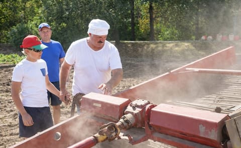 Belarus President Alexander Lukashenko is harvesting potatoes with his son Nicolai on the territory of his official residence Drozdy on August 16, 2015 (Courtesy BelTA) Belarus President Alexander Lukashenko is harvesting potatoes with his son Nicolai on the territory of his official residence Drozdy on August 16, 2015 (Courtesy BelTA)