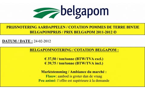 Belgapom notering licht gezakt naar € 37,50/ton Belgapom notering licht gezakt naar € 37,50/ton