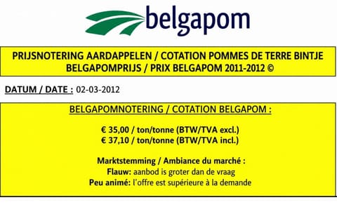 Belgapom notering daalt verder naar € 35,00/ton Belgapom notering daalt verder naar € 35,00/ton