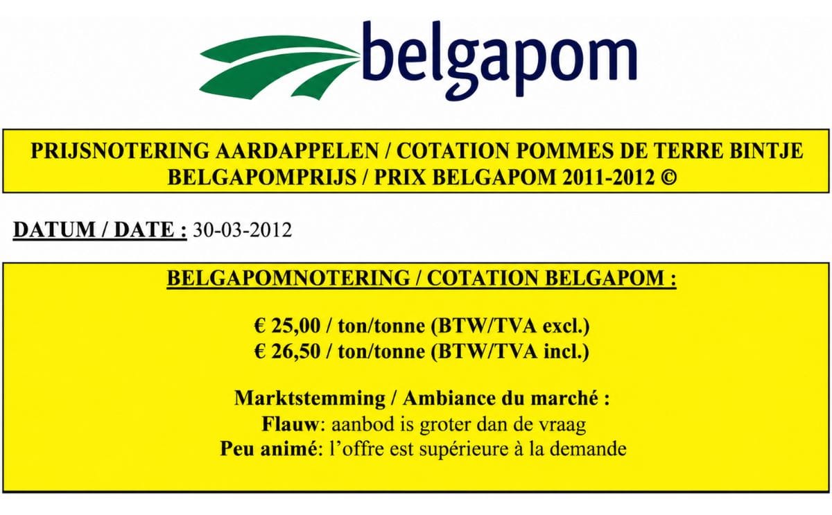 Belgapom notering 30 maart: € 25,00 /ton