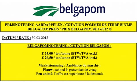 Belgapom notering 30 maart: € 25,00 /ton Belgapom notering 30 maart: € 25,00 /ton