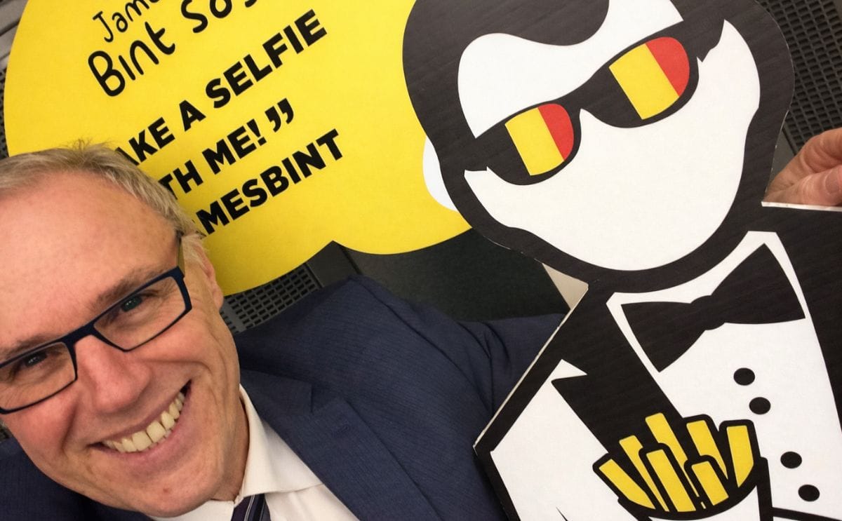 Romain Cools, General Secretary of Industry Association Belgapom, posing for a #selfie with James Bint, the cartoon character with a ‘license to fry’ and the global ambassador for Belgian fries.