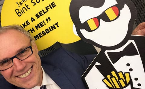 Romain Cools, General Secretary of Industry Association Belgapom, posing for a #selfie with James Bint, the cartoon character with a ‘license to fry’ and the global ambassador for Belgian fries. Romain Cools, General Secretary of Industry Association Belgapom, posing for a #selfie with James Bint, the cartoon character with a ‘license to fry’ and the global ambassador for Belgian fries.