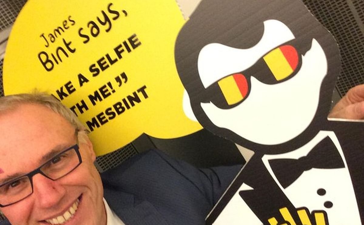 Romain Cools, General Secretary of Industry Association Belgapom, posing for a #selfie with James Bint, the cartoon character with a ‘license to fry’ and the global ambassador for Belgian fries.