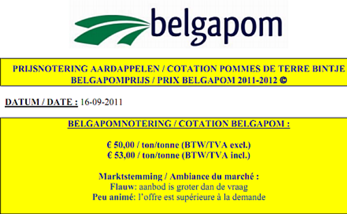 Belgapom notering Bintje Belgapom notering Bintje