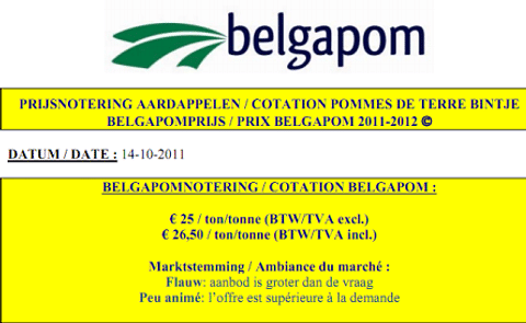 Belgapom notering Bintje naar € 25,00/ton Belgapom notering Bintje naar € 25,00/ton
