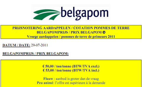 Belgapom notering voor vroege aardappelen, 29 Juli 2011 Belgapom notering voor vroege aardappelen, 29 Juli 2011