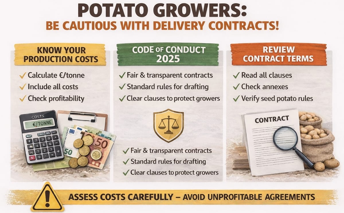Belpotato.be advises Belgian potato growers to base contract decisions on realistic production costs per tonne and to carefully assess contract terms and acreage planning as market conditions remain challenging Belpotato.be advises Belgian potato growers to base contract decisions on realistic production costs per tonne and to carefully assess contract terms and acreage planning as market conditions remain challenging