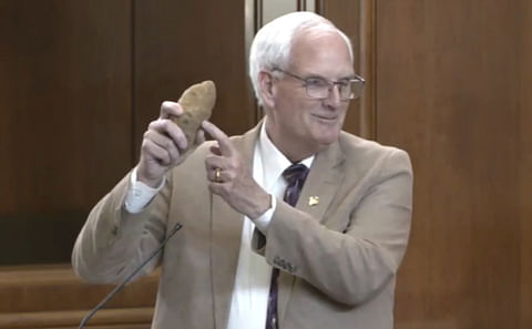 "All eyes on me!" the potato seems to say, as Oregon state senator Bill Hansell asks his fellow lawmakers: "Tuber or not tuber? That is the question."