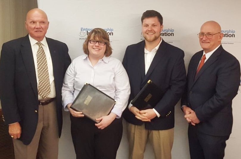 Deanna Spaniel (left-center) and Ben Nason (right-center), first-place winners of Ag Springboard for Blue and White Chips, with Earl Harbaugh (far left), whose donation created the Entrepreneurship and Innovation Program in the College of Agricultural Sciences, and Richard Roush (far right), dean of the college.(Courtesy: Penn State University) Deanna Spaniel (left-center) and Ben Nason (right-center), first-place winners of Ag Springboard for Blue and White Chips, with Earl Harbaugh (far left), whose donation created the Entrepreneurship and Innovation Program in the College of Agricultural Sciences, and Richard Roush (far right), dean of the college.(Courtesy: Penn State University)