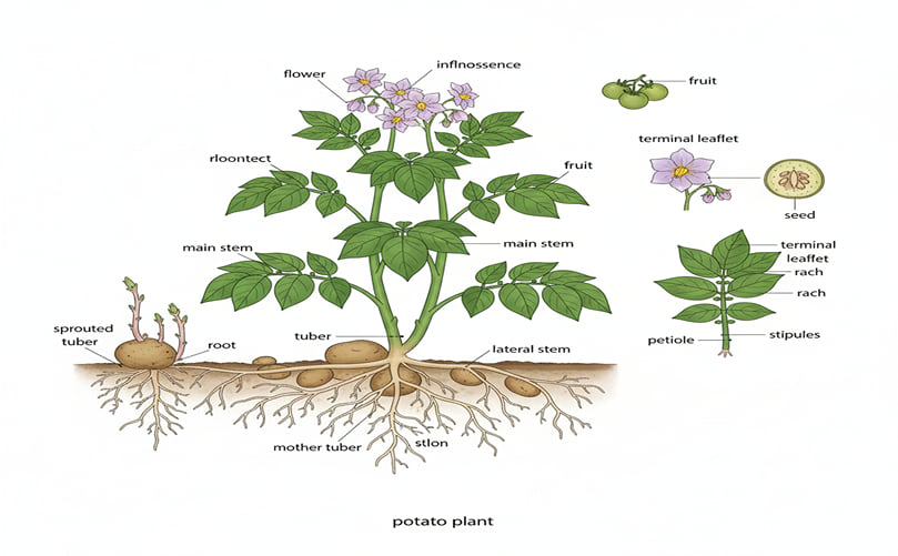 Ilustración botánica detallada de Solanum tuberosum mostrando morfología vegetal: tallos, hojas compuestas, flores y tubérculos subterráneos