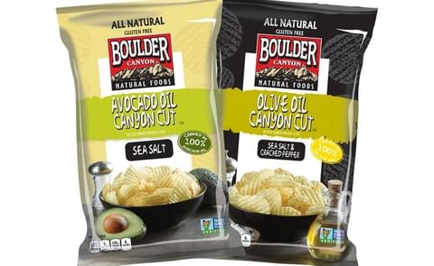 The two new varieties in Boulder's Canyon Cut line of kettle-cooked, ridged potato chips: Avocado oil and Olive Oil The two new varieties in Boulder's Canyon Cut line of kettle-cooked, ridged potato chips: Avocado oil and Olive Oil
