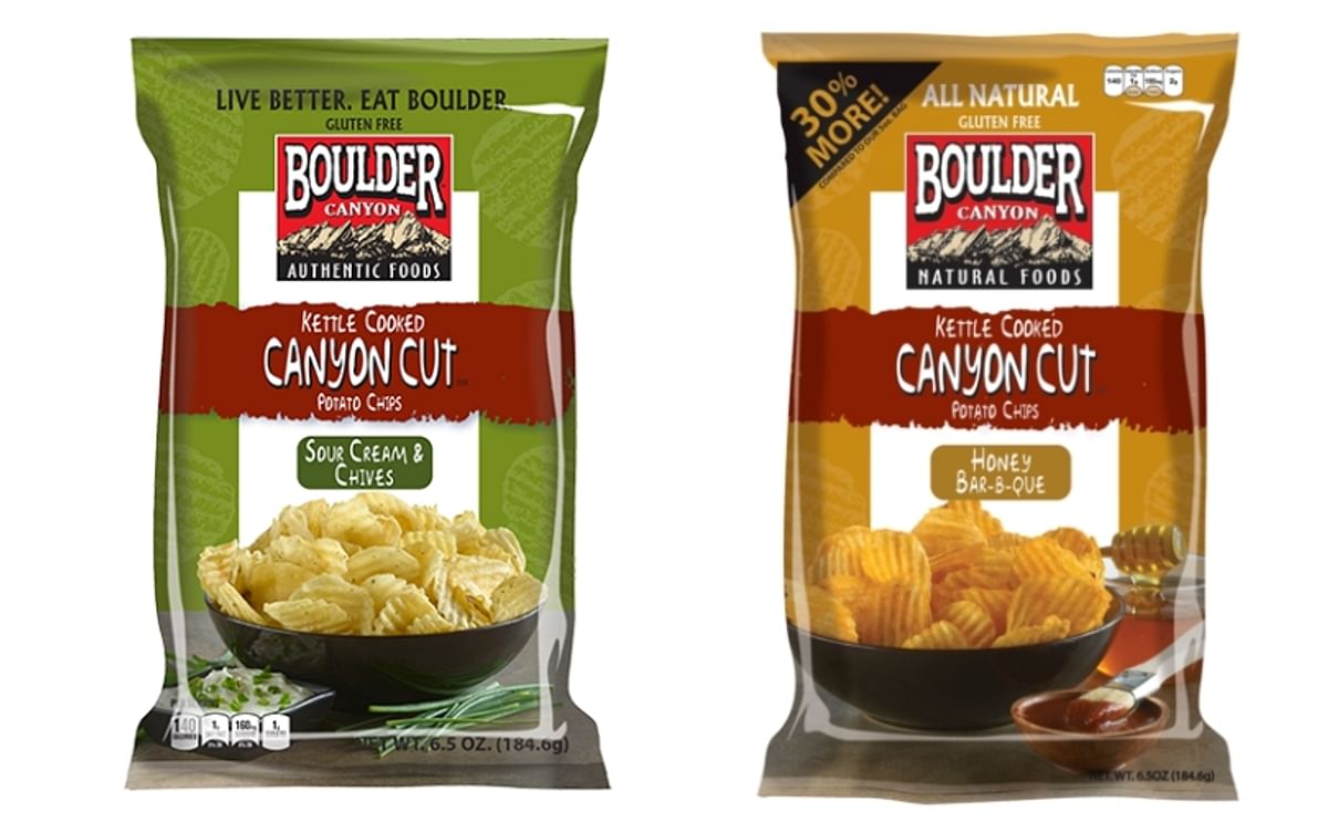 Two of the Boulder Canyon Cut Potato Chips flavors: Sour Cream & Chives (left) and Honey Barbeque (right). Pictures updated in 2016.