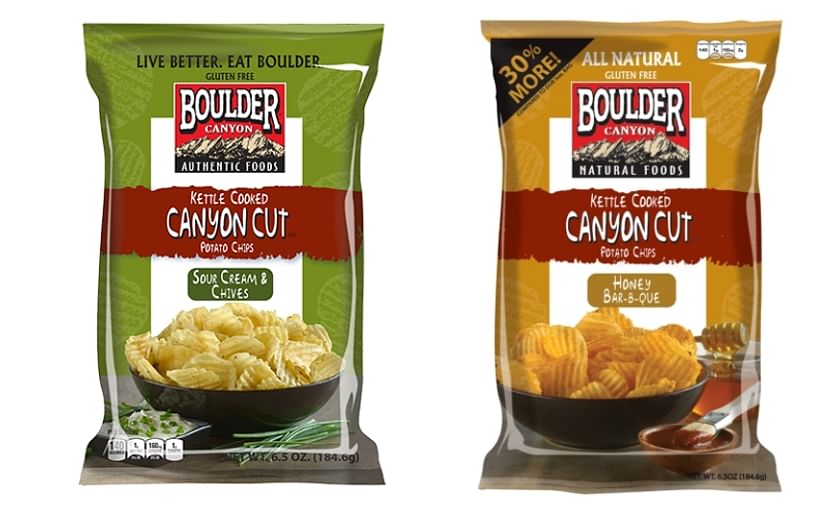 Two of the Boulder Canyon Cut Potato Chips flavors: Sour Cream & Chives (left) and Honey Barbeque (right). Pictures updated in 2016.